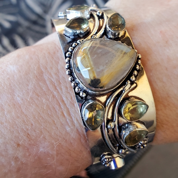 New Golden Rutile and Citrine 925 Silver Cuff Bracelet. - Picture 2 of 16